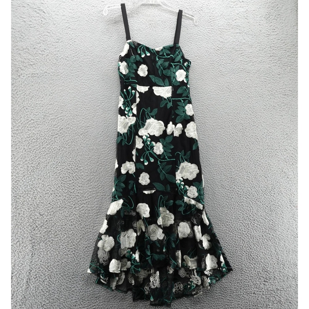 Sam Edelman Black Floral Embroidered Mesh Midi Dress Size 2 Mermaid Hem